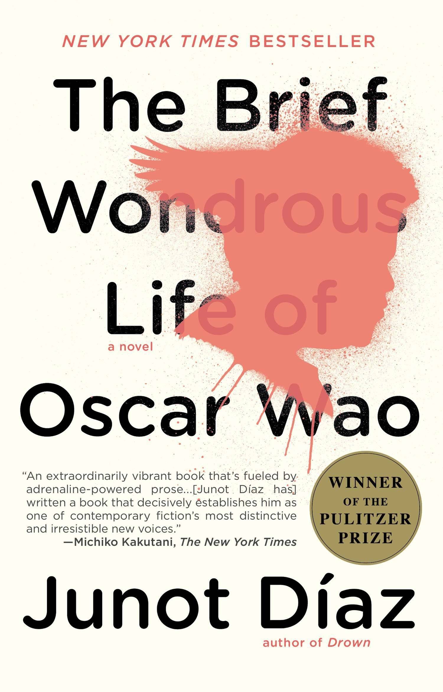 White "The brief wondrous life of Oscar Wao" book cover with black text and orange spray paint silhouette.